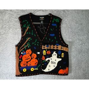 Designer Original Halloween XL Sweater Vest Pumpkins Ghost Boo Wagon Novelty